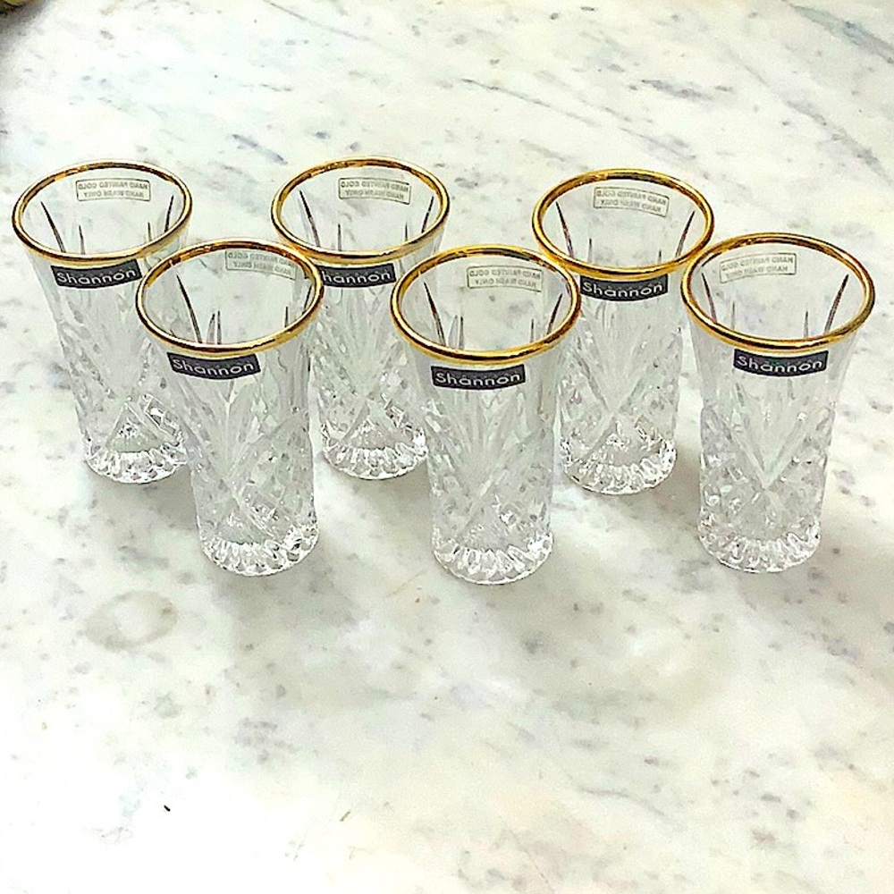 GODINGER DUBLIN CRYSTAL VODKA SHOOTERS GOLD TRIM SET OF 6
